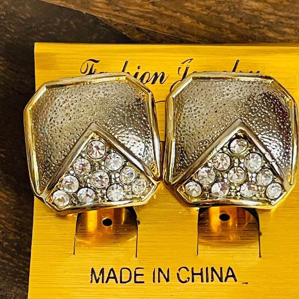 Vintage Silver Gold Tone Rhinestones Textured Square Clip On Earrings Nos 15$